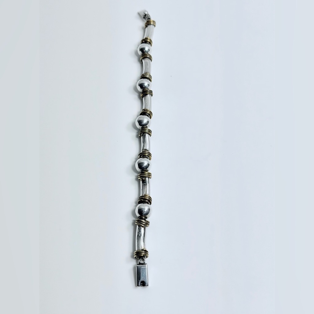 Vintage Unique Heavy Sterling Silver Ball & Tube w/Brass Wrapped Trim Bracelet - Picture 8 of 16